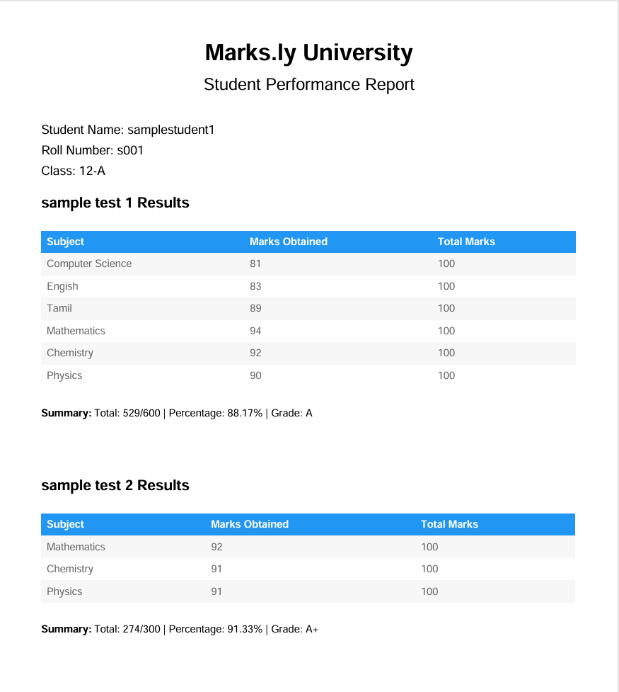 Parent Result Report PDF
